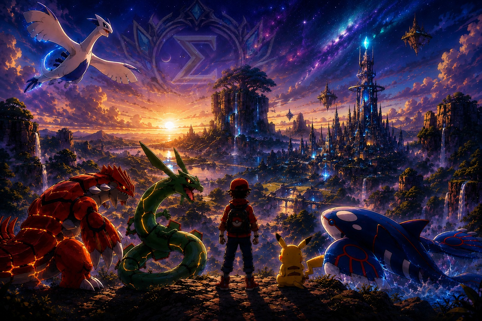 Arte promocional do Sigma Project: treinador e criaturas lendárias observando um vale ao pôr do sol